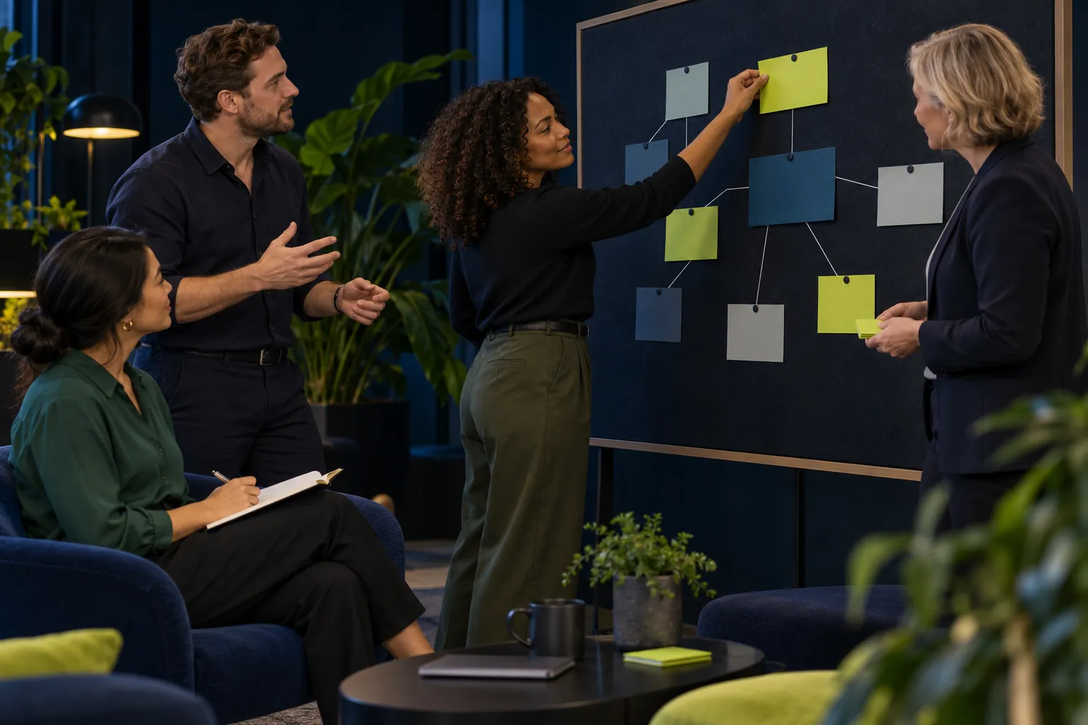 Illustration of managers practising a workplace conversation and reviewing feedback.