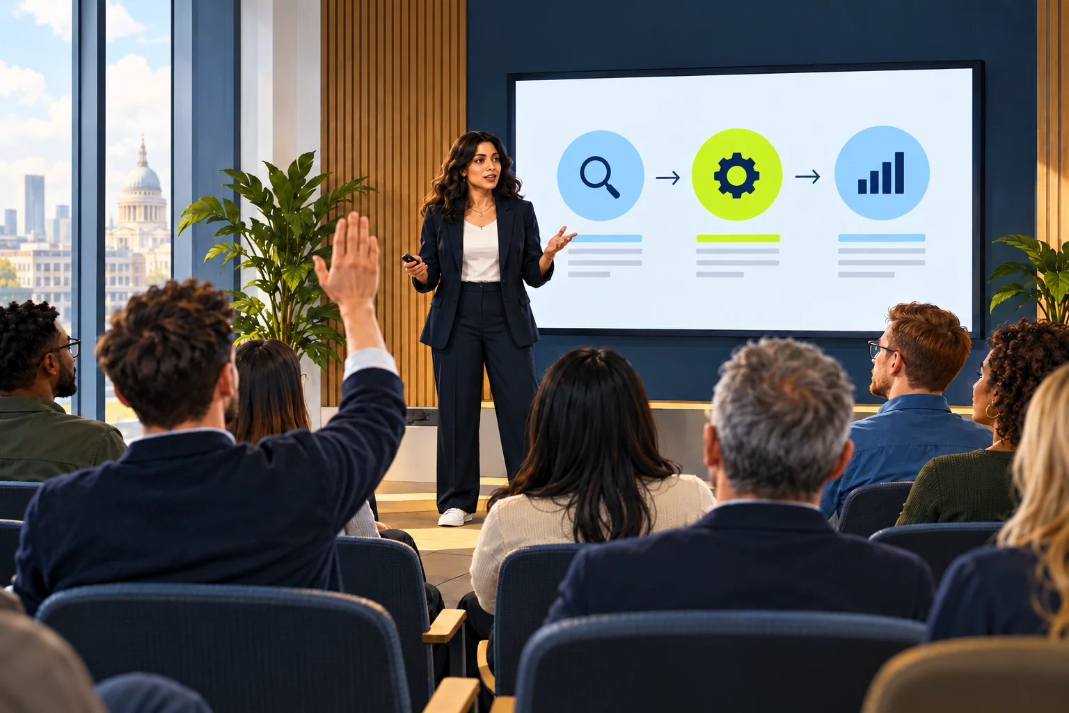 Presenter responding to a raised-hand question beside a presentation screen.