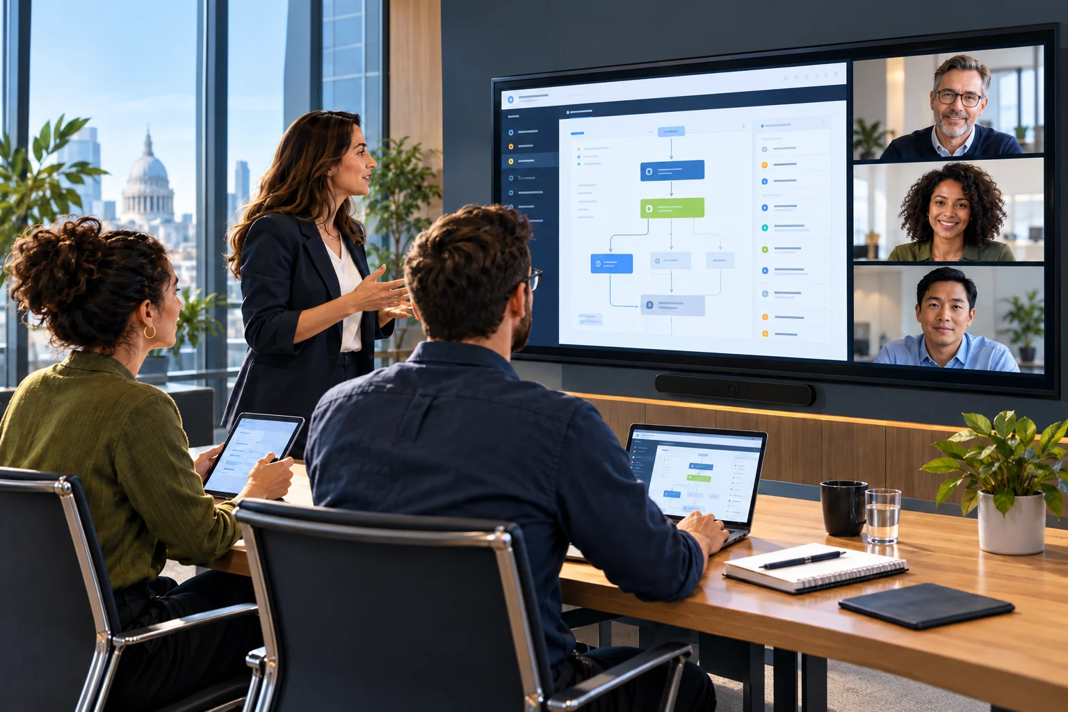 Colleagues taking part in a hybrid customer meeting.