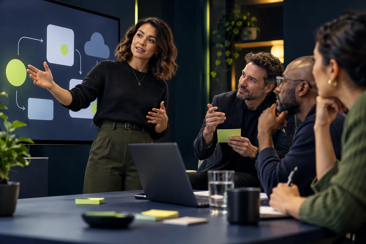 Illustration of a SaaS sales team practising a buyer conversation and reviewing feedback.