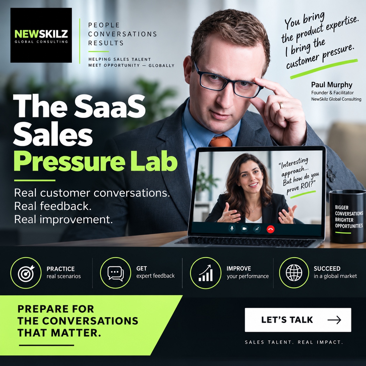 Modern NewSkilz Sales Pressure Lab graphic featuring Paul Murphy and a video-call scenario
