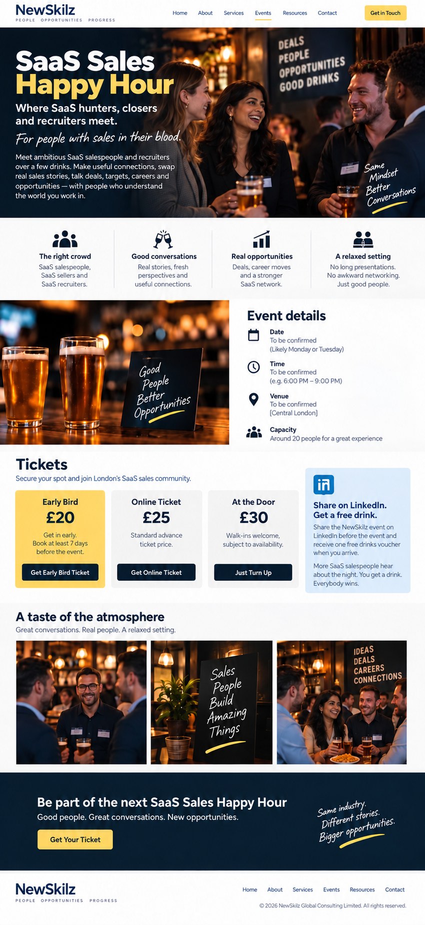 SaaS Sales Happy Hour event concept with illustrated social scenes, the intended audience and provisional event and ticket details