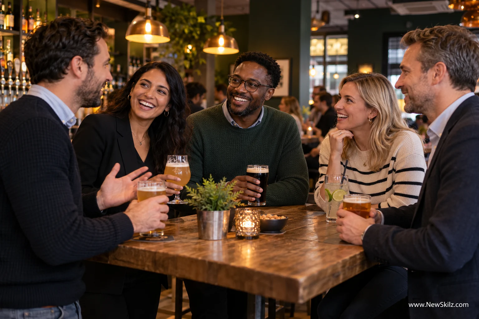 Illustrative image of SaaS sales professionals chatting over drinks in a relaxed London pub setting.