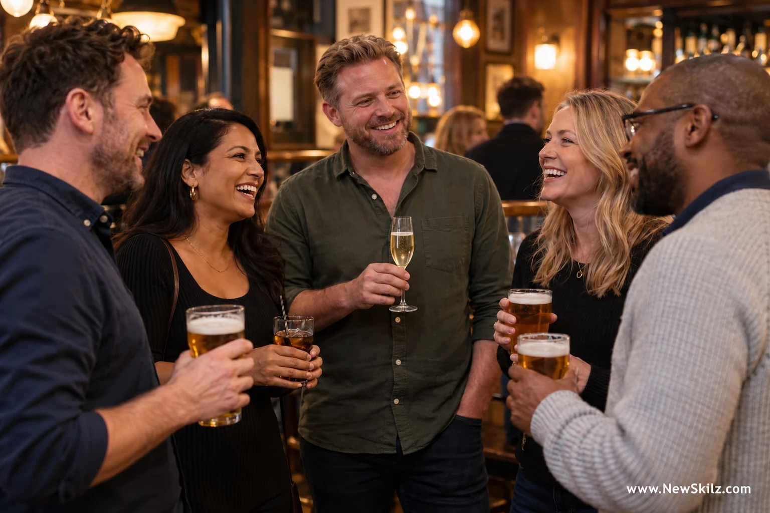 Illustrative image of a smiling group chatting over beers in a relaxed pub setting.